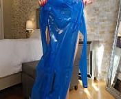 Dressing up with my transparent blue latex catsuit from hard penis in transparent latex sheath pants