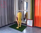 Regina Noir. Yoga in yellow tights doing yoga in the gym. 1 from athletic naked yoga naked yoga school® with maya kamui