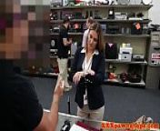 Busty office MILF pawns her wet box for cash from 4 ro