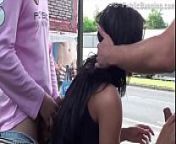 Hot busty girl public sex bus stop threesome with 2 guys with vaginal and oral from bus sex and