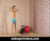 Skinny teen girl doing sports from stretching girl