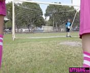 Squirter soccer teen Freya von Doom and BFFs playing with coachs big balls from gem tv
