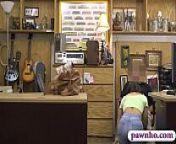 Lovely woman screwed by horny pawn dude in his pawnshop from shy woman in yellow top and short skirt on her first porn casting