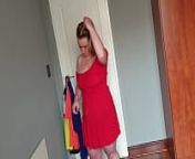 Fat girl playing dress up by trying on different dresses from chubby dressed