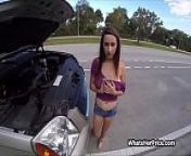 Solving car problems with pussy and big boobs from big boobs flashing on front of delivery