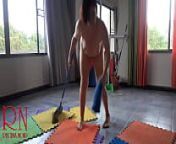 Nudist maid cleans the yoga room. A naked cleaner cleans mirrors, sweeps and mops the floor. Cam 1 from nudist chrissy fkk home cleaning