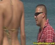 Facialized babes on beach sucking dick from bambine bikini