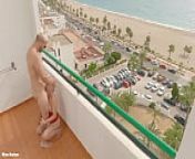 Sex on the balcony beach view - outdoor blowjob cum on tits from balcony viewing