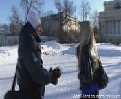 A cute Russian babe seduced, fucked and gets a cumshot in mouth from cum on street