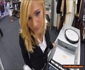 Blonde MILF tries to enjoy Pawnshop owners cock for cash from owners