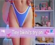 TINY BIKINI'S TRY ON by redhead with tiny shaved pussy from asin big boobs