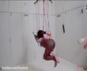 Beautiful black submissive gagged, tied up, ass whipped, and turned into an anal compass needle from black girl with wait sex