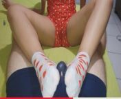Footjob Sockjob with spread legs on tight pajamas, while shewing bubblegum, he cum in underwear from tanu shew hotxvideos com