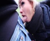 Blonde girl flashes her tits and give stranger a blowjob in public from sv3rige