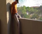 Piss and cum on a hotel balcony from pee in field